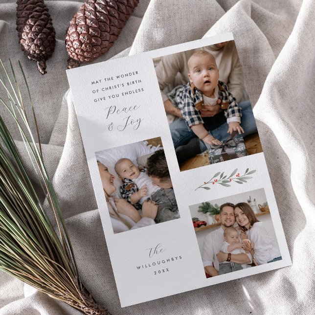 Modern Religious Christmas Greenery Multi Photo Holiday Card (Creator Uploaded)