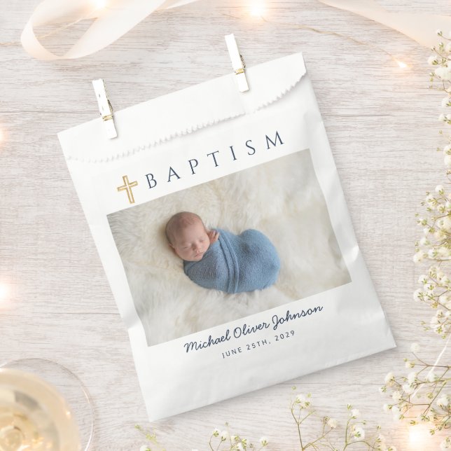Modern Religious Cross Boy Baptism Photo Favour Bags (Clipped)