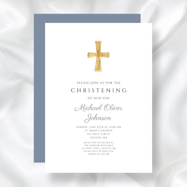 Modern Religious Cross Dusty Blue Christening Invitation (Modern Religious Cross Dusty Blue Christening Invitation)