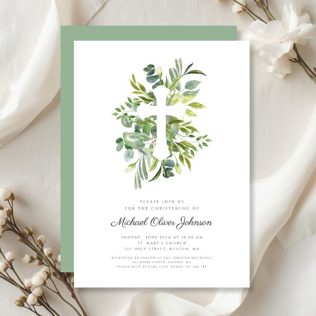 Modern Religious Cross Greenery Christening Invitation (Modern Religious Cross Greenery Christening Invitation)