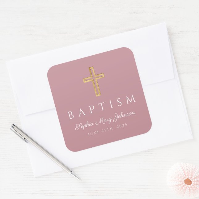 Modern Religious Cross Pink Girl Baptism Square Sticker (Envelope)