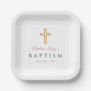Modern Religious Cross Pink Script Girl Baptism Paper Plate