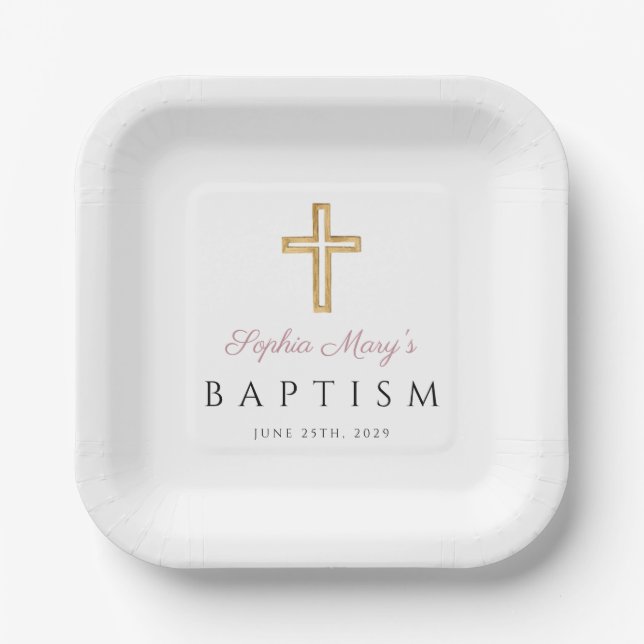 Modern Religious Cross Pink Script Girl Baptism Paper Plate (Front)