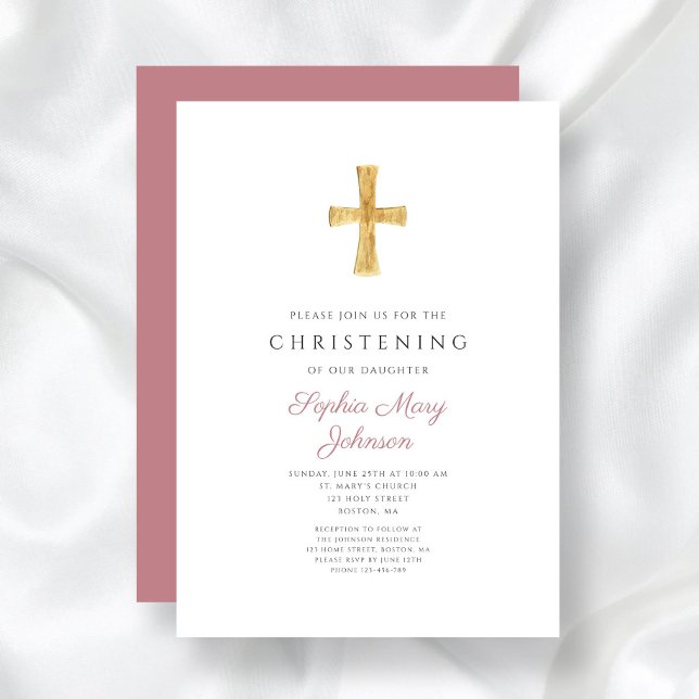 Modern Religious Cross Pink Stripes Christening Invitation (Modern Religious Cross Pink Stripes Christening Invitation)