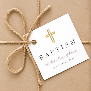 Modern Religious Cross Purple Script Baptism Favour Tags