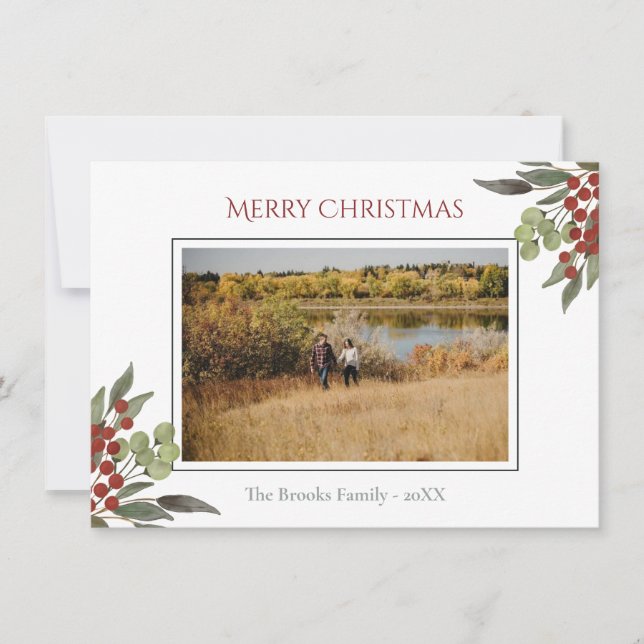 Modern Religious Script Red Holly Christmas Photo Holiday Card (Front)