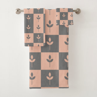 Modern repeating leaf pattern pink and grey bath towel set