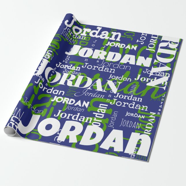 Modern Repeating Name Blue Green Sports Team Colou Wrapping Paper (Unrolled)