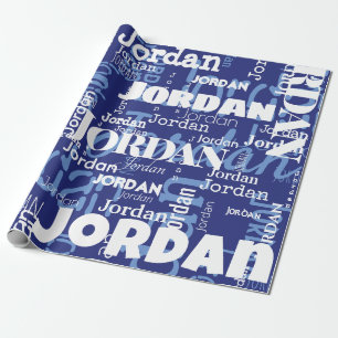 Modern Repeating Name Blue White Font Pattern Wrapping Paper