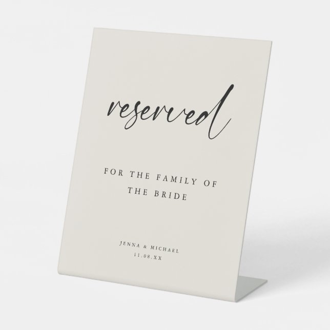 Modern "Reserved" Beige Script Wedding Pedestal Sign (Front)