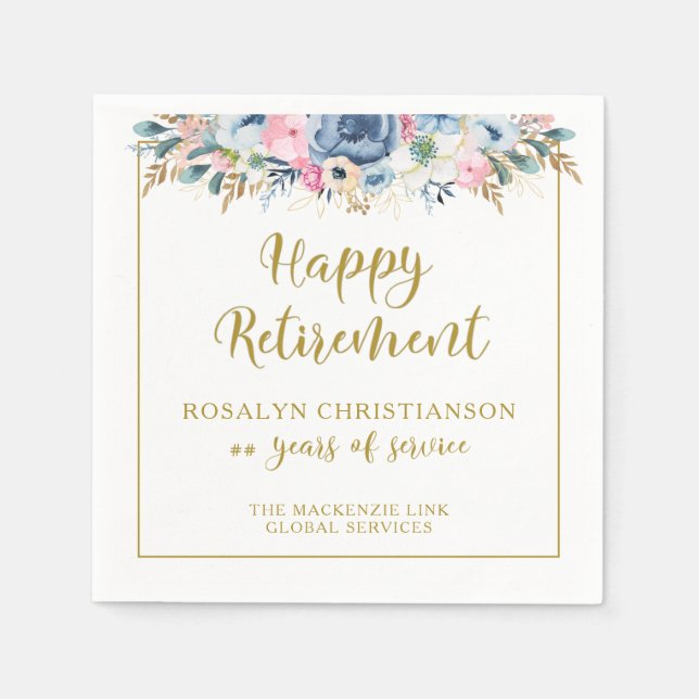 Modern Retirement Elegant Script Gold Floral Napkin (Front)
