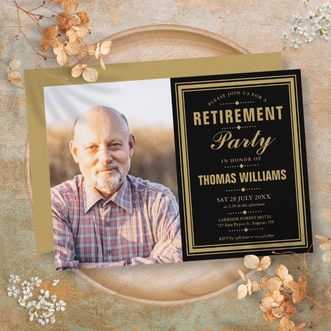 Modern Retirement Party Black And Gold Photo Invitation (Modern Retirement Party Black And Gold Photo Invitation)