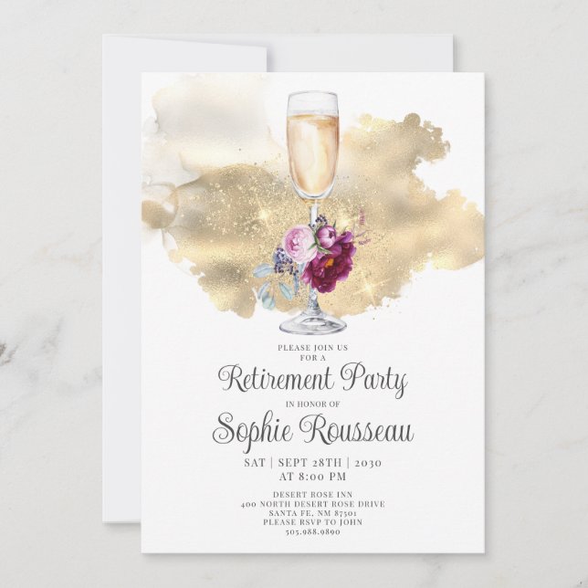 Modern Retirement Party Champagne Glitter Floral Invitation (Front)