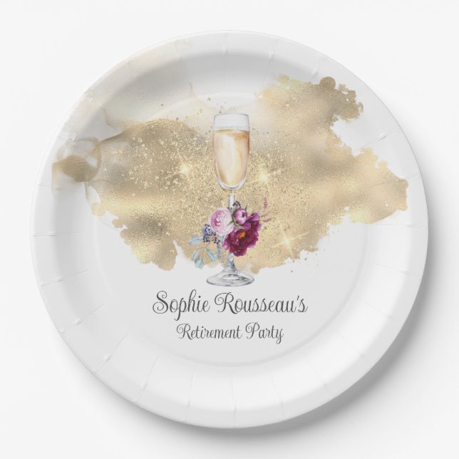 Modern Retirement Party Champagne Glitter Napkins Paper Plate (Front)