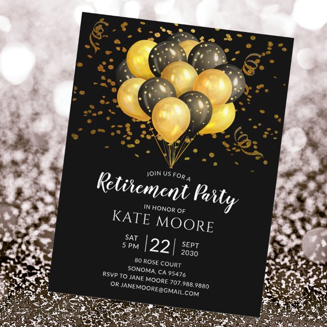 Modern Retirement Party Gold Black Balloons Black Announcement Postcard (Creator Uploaded)