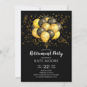 Modern Retirement Party Gold Black Balloons Black Invitation
