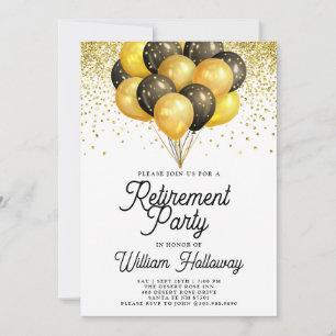 Modern Retirement Party Gold Black Balloons  Invitation