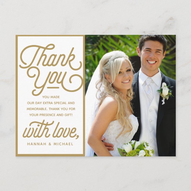 Modern Reto Gold Thank You Wedding Photo Postcard (Front)