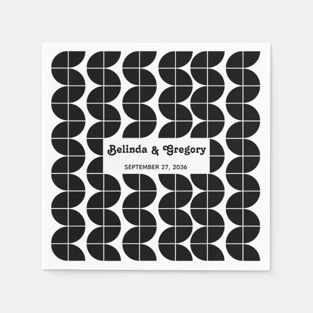 Modern Retro 70's Black White Waves Wedding  Napkin (Front)