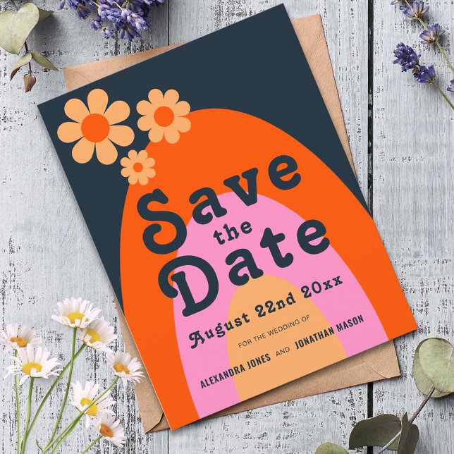 Modern Retro 70s Bold Wedding Invitation Postcard (Groovy daisy arch wedding save the date invitation )