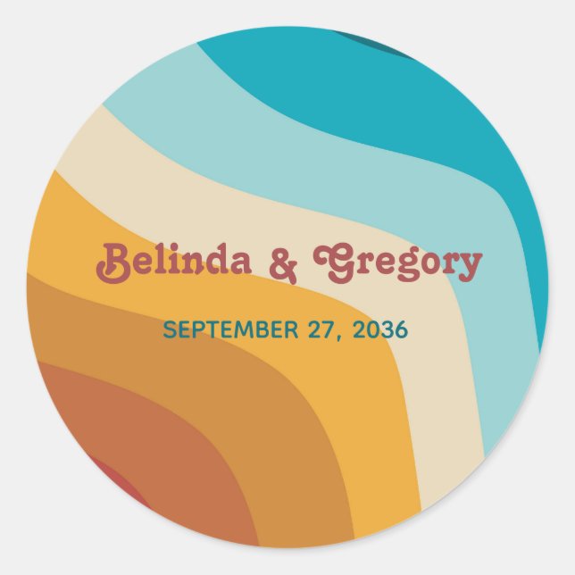 Modern Retro 70's Colourful Rainbow Waves Wedding  Classic Round Sticker (Front)