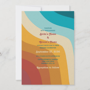 Modern Retro 70's Colourful Rainbow Waves Wedding Invitation