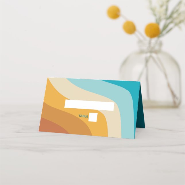 Modern Retro 70's Colourful Rainbow Waves Wedding Place Card (Front)