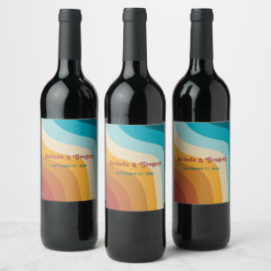 Modern Retro 70's Colourful Rainbow Waves Wedding Wine Label