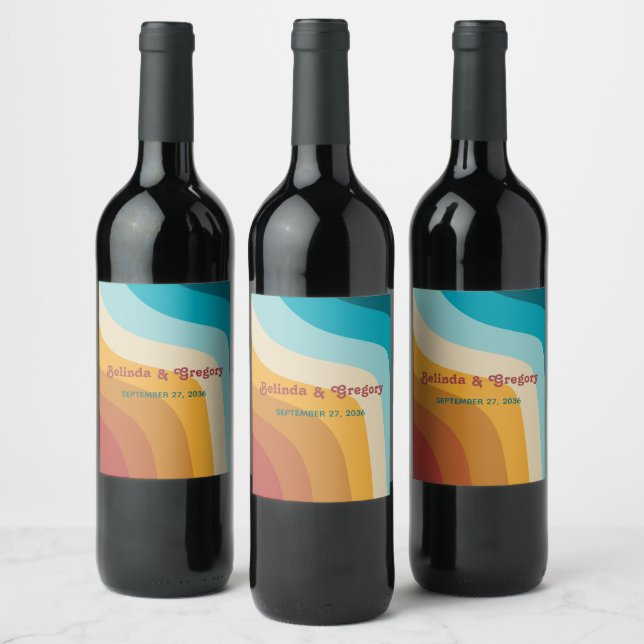 Modern Retro 70's Colourful Rainbow Waves Wedding Wine Label (Bottles)