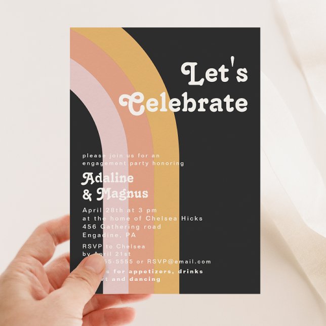 Modern Retro 70's Rainbow Dark Let's Celebrate Invitation (Creator Uploaded)