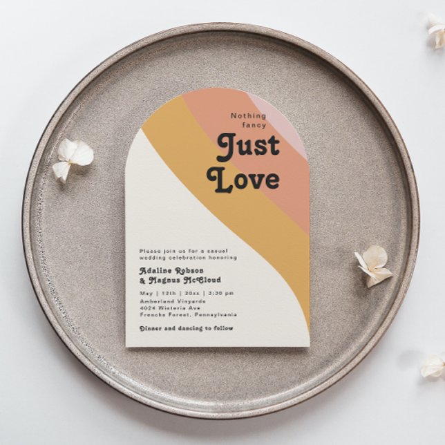 Modern Retro 70's Rainbow Just Love Wedding Arch Invitation (Creator Uploaded)