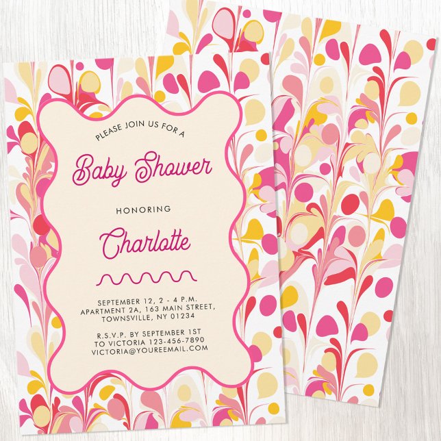 Modern Retro Abstract Pink Baby Shower Invitation (Modern retro pink and yellow abstract wavy baby shower invitation with custom personalized text)