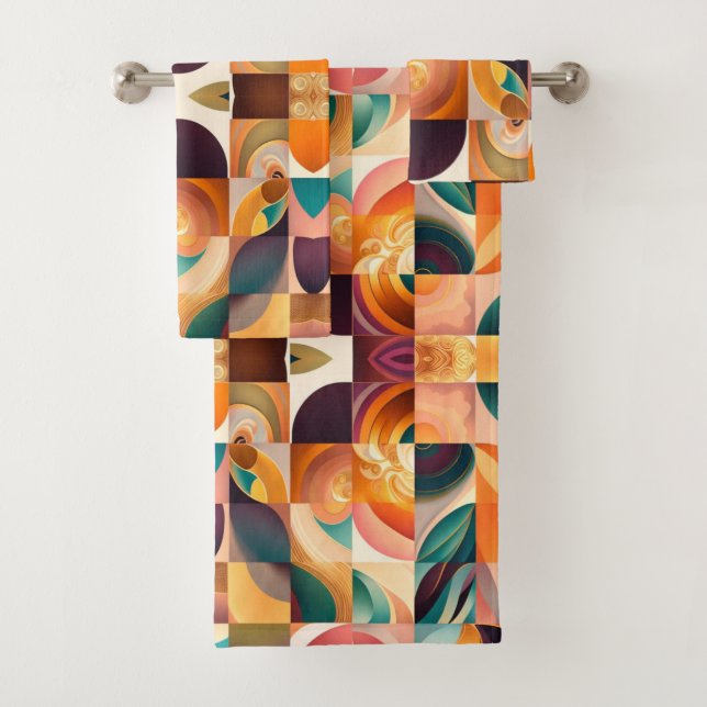 Modern Retro Abstract Squares Collection Bath Towel Set (Insitu)