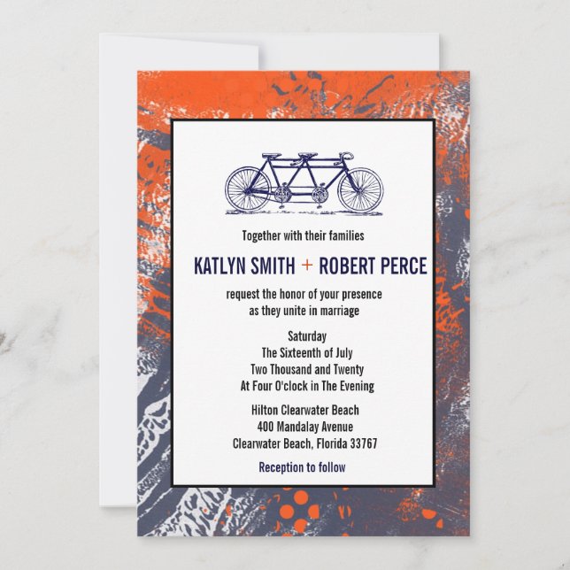 Modern Retro Artistic Tandem Bicycle Wedding Invitation (Front)