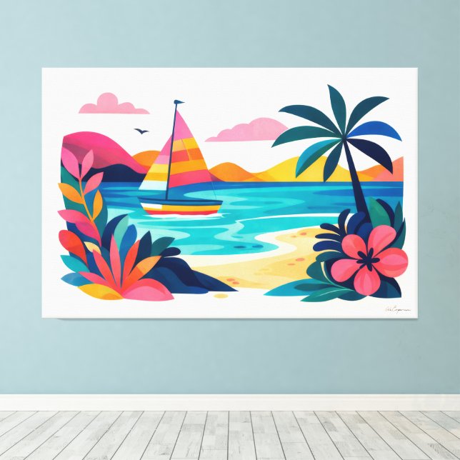 Modern retro beach scene 01 canvas print (Insitu(Wood Floor))