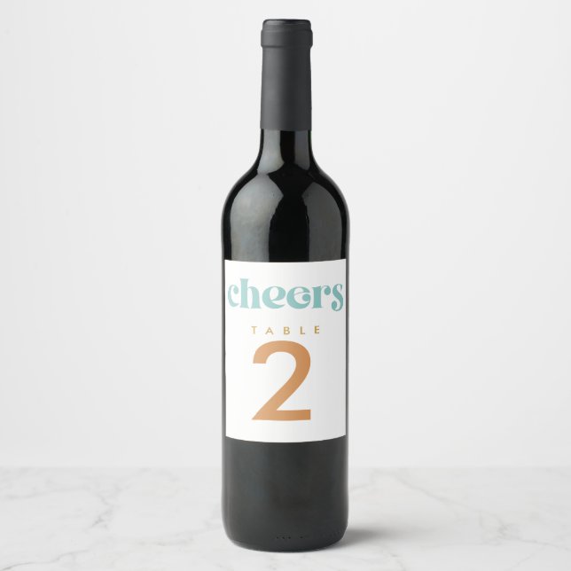 Modern Retro Beachy Wedding Table Number Wine Label (Front)