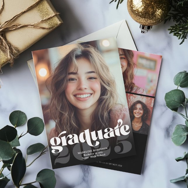 Modern Retro Black White 4 Photo Graduation Invitation (Modern Retro Black White 4 Photo Graduation Invitation)