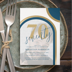 Modern Retro Blue And Gold Photo Birthday Invitati Invitation