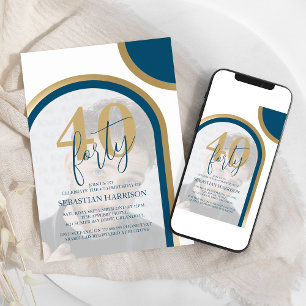 Modern Retro Blue And Gold Photo Birthday Invitation