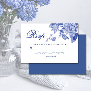 Modern Retro Blue and White Chinoiserie Floral RSVP Card