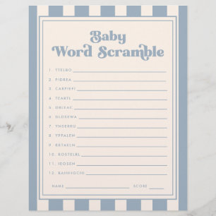 Modern Retro Blue Baby Shower Word Scramble Game