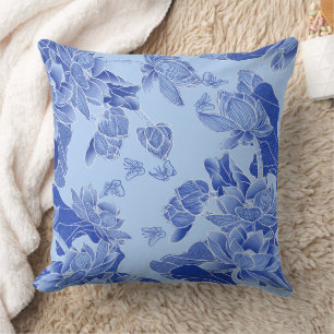 Modern Retro Blue Chinoiserie Chic Lotus Mandala Cushion
