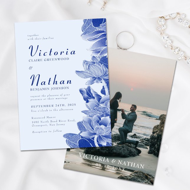 Modern Retro Blue Chinoiserie Floral Photo Wedding Invitation (Creator Uploaded)