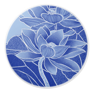 Modern Retro Blue Flowers Lotus Mandala Waterlily Ceramic Knob