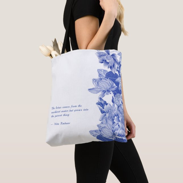 Modern Retro Blue Lotus Mandala Zen Quote Tote Bag (Close Up)
