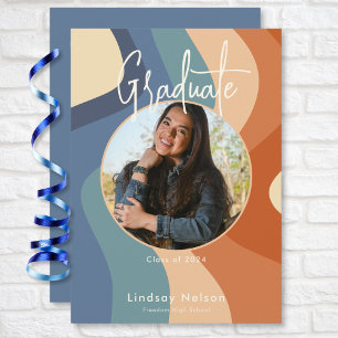 Modern Retro Blue Rust Cream Wave Photo Graduation Invitation