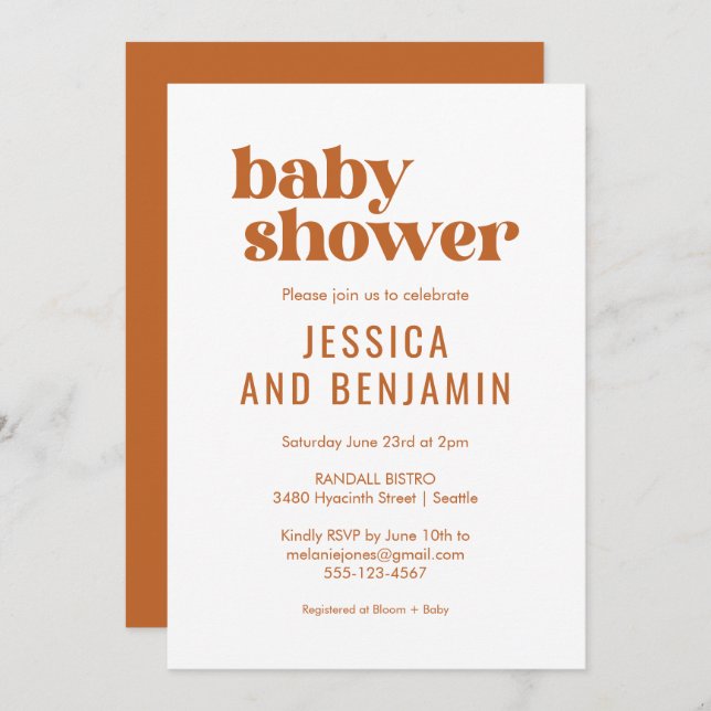 Modern Retro Boho Chic Terracotta Baby Shower Invitation (Front/Back)