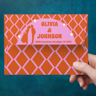 Modern Retro Boho Pink Orange Personalised Wedding Envelope