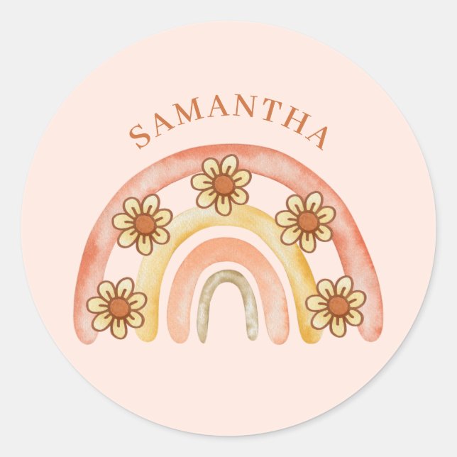 Modern Retro Boho Rainbow Name  Classic Round Sticker (Front)