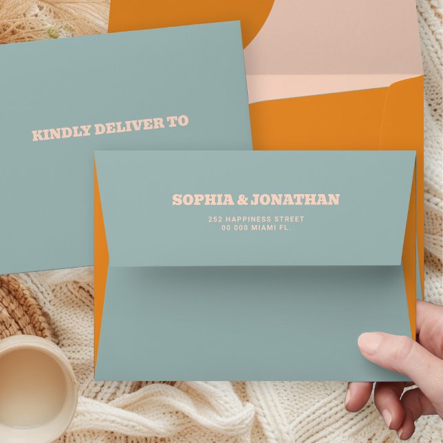 Modern retro bold groovy dusty blue orange wedding envelope (Creator Uploaded)